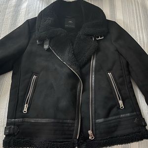 Zara Black Faux Suede Aviator Shearling Jacket Size Large